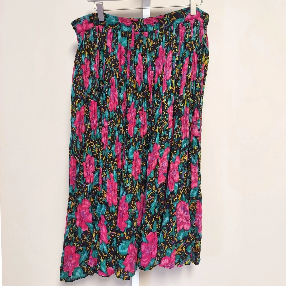 Vintage Worthington Petite Floral Crinkle Broomstick Midi Skirt Pink M Boho